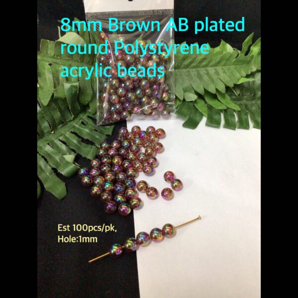 8mm Brown AB Plated round Polystyrene acrylic beads (est 100pcs)