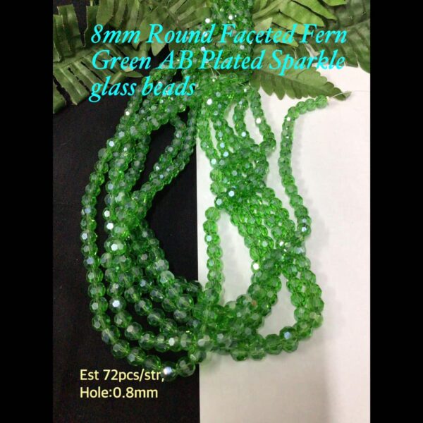 8mm Round Faceted Fern Green AB Plated Sparkle glass beads (est 72pcs)