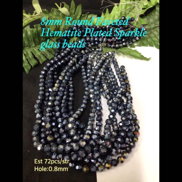 8mm Round Faceted Hematite Plated Sparkle glass beads (est 72pcs)