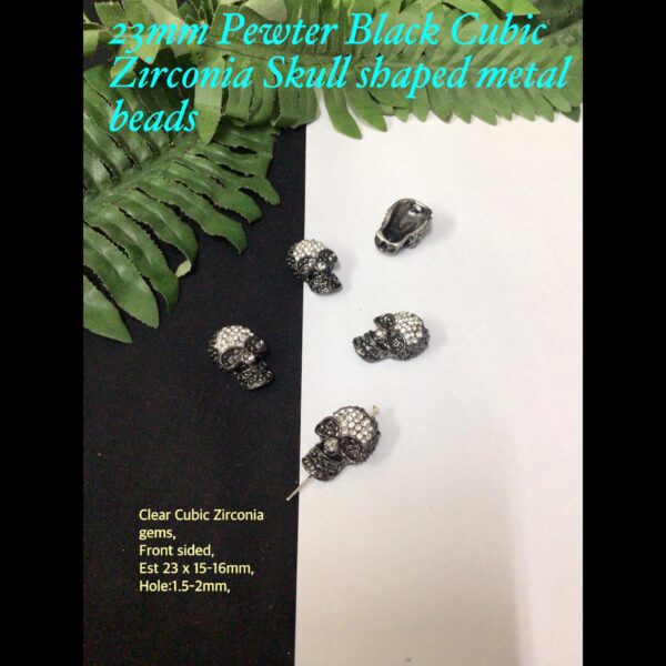 23mm Pewter Black Cubic Zirconia Skull shaped metal beads