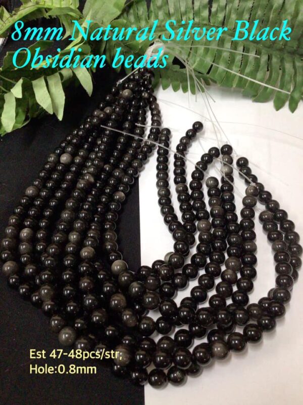 8mm Natural Silver Black Obsidian beads (est 47-48pcs)