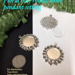 49mm Antique Silver tone Floral half round/dome pendant setting