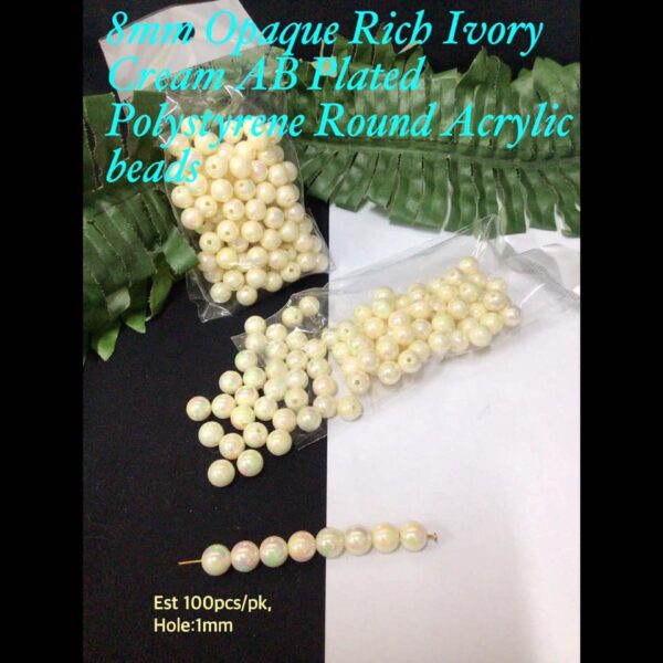 8mm Opaque Rich Ivory AB Plated Polystyrene Round beads (est 100pcs)