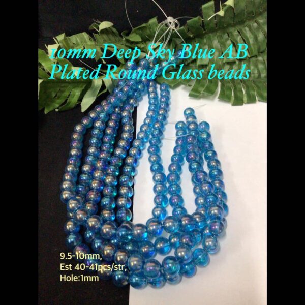 10mm Deep Sky Blue AB Plated Round Glass beads (est 40-41pcs)