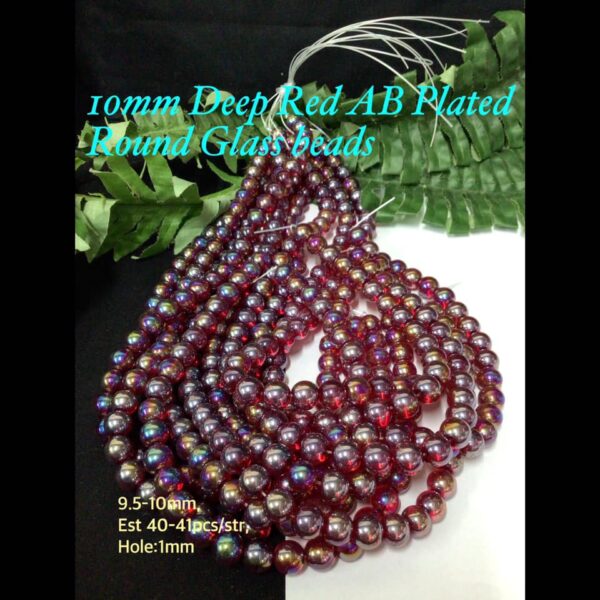 10mm Deep Red AB Plated Round Glass beads (est 40-41pcs)