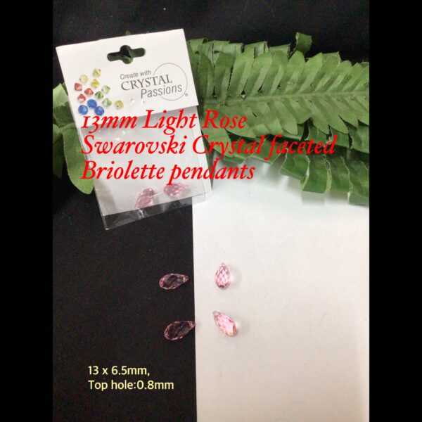 13mm Light Rose Swarovski Crystal faceted Briolette pendants (2pcs)