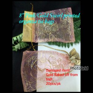 Pink/Gold swirl printed organza tie bags (20pcs)