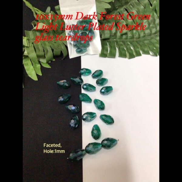 10x15mm Dark Forest Green Light Luster Plated Sparkle glass teardrops (10pcs)