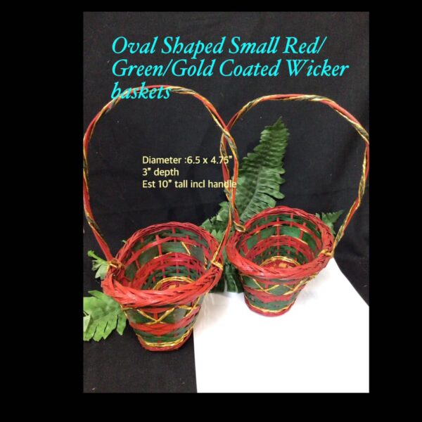 Oval Shaped Small red/Green/Gold Coated Wicker baskets (6.5 x 4.75")