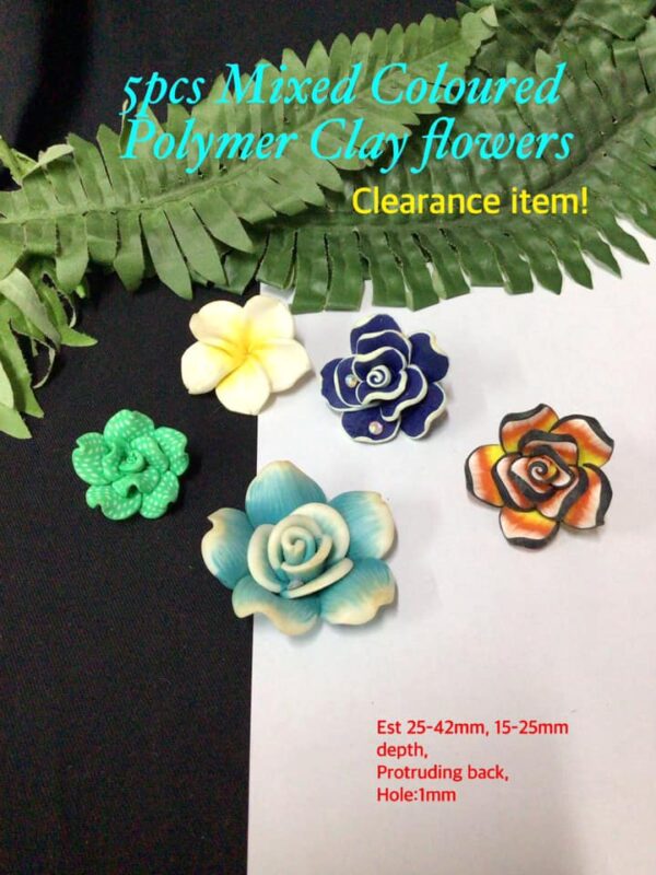 5pcs Mixed Coloured Polymer Clay Flowers (25-42mm)