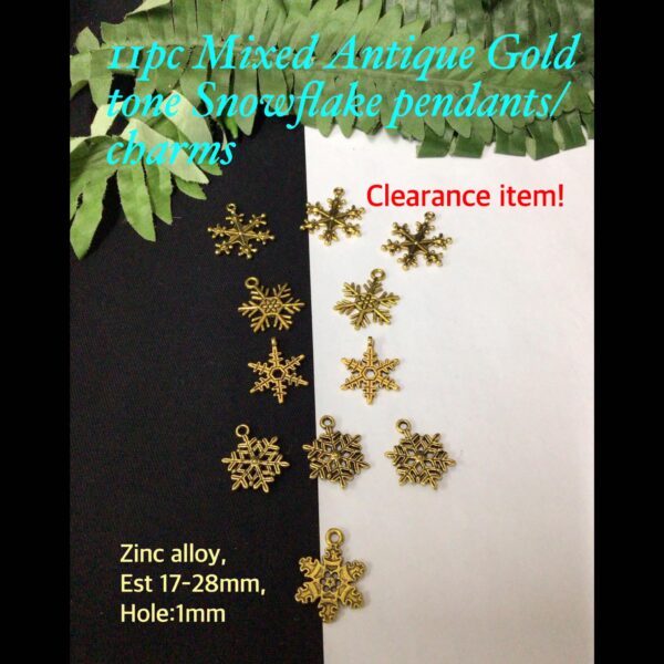 11pc Antique Gold tone Mixed Snowflake pendants/charms 50% off!