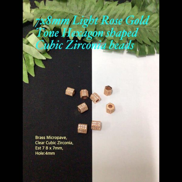 7x8mm Light Gold Tone Hexagon shaped Cubic Zirconia beads