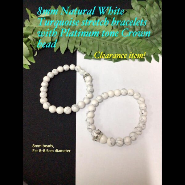 8mm Natural White Turquoise stretch bracelets with Platinum tone Crown bead