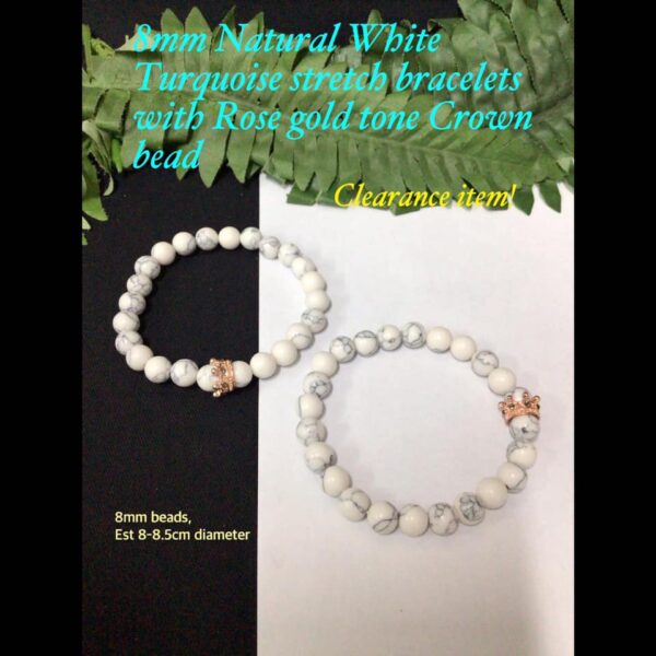 8mm Natural White Turquoise stretch bracelets with Rose Gold tone Crown bead