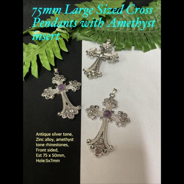 75mm Large Sized Cross Pendants with Amethyst insert & rhinestones