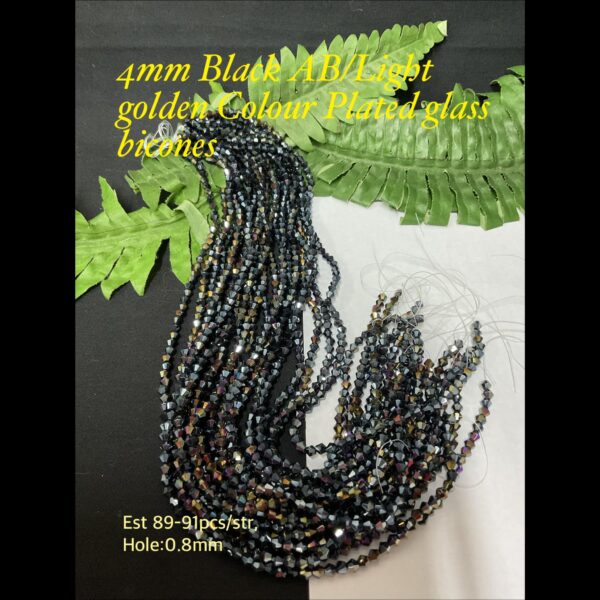 4mm Black AB/Light Golden Colour Plated glass bicone beads (est 89-91pcs/str)