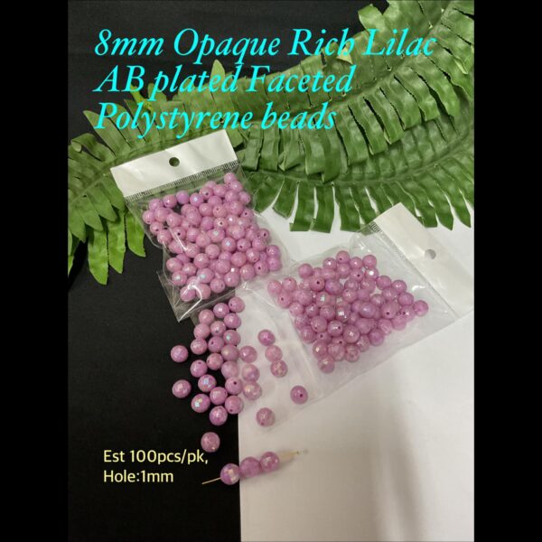 8mm Opaque Rich Lilac AB Plated faceted Round Polystyrene beads (est 100pcs)