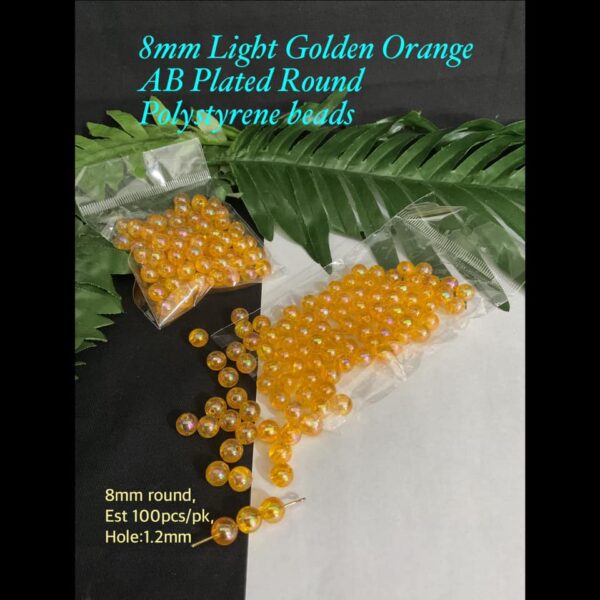 8mm Light Golden Orange AB Plated Round Polystyrene beads (est 100pcs)