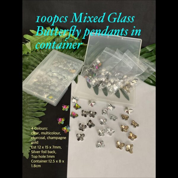 100pcs Mixed Sparkle Glass Butterfly pendants in container