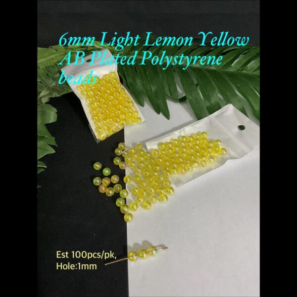 6mm Light Lemon Yellow AB Plated Round Polystyrene beads (est 100pcs)