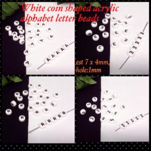7mm White coin shaped acrylic alphabet letter beads (single letter, est 100 pcs)
