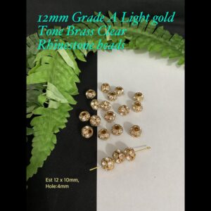 12mm Grade A Light Gold tone Brass Clear Rhinestone beads