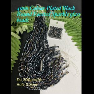 4mm Colour Plated Black Round Faceted Sparkle glass beads (est 200pcs/pk)
