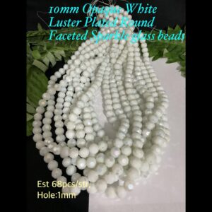 10mm Opaque White Luster Round Faceted Sparkle glass beads (est 68pcs/str)