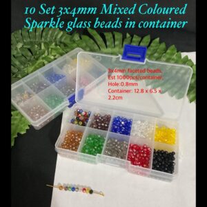 10 Set 3x4mm Mixed Cooured Sparkle glass beads in container (est 1000pcs)