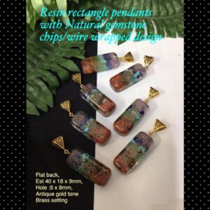 55mm Resin rectangle pendants with Natural gemstone chips/wire wrapping design