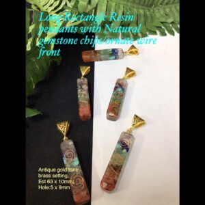 63mm Long rectangle Resin pendants with Natural gemstone chips/ornate wire front design