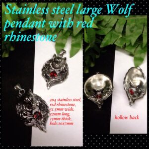 52mm Stainless steel large Wolf pendant with red rhinestone