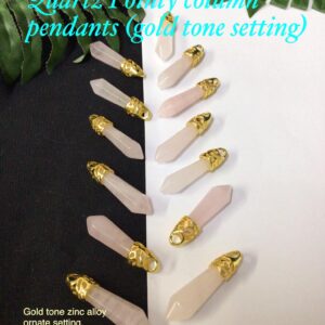 34-38mm Natural Rose Quartz Pointy Column pendants (gold tone setting)