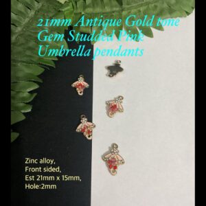 21mm Antique Gold tone Enamel gem Studded Pink Umbrella pendants 20% off!