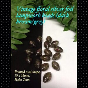 15mm Brown/Grey Vintage Floral Silver foil Lamp work glass beads (10pcs)