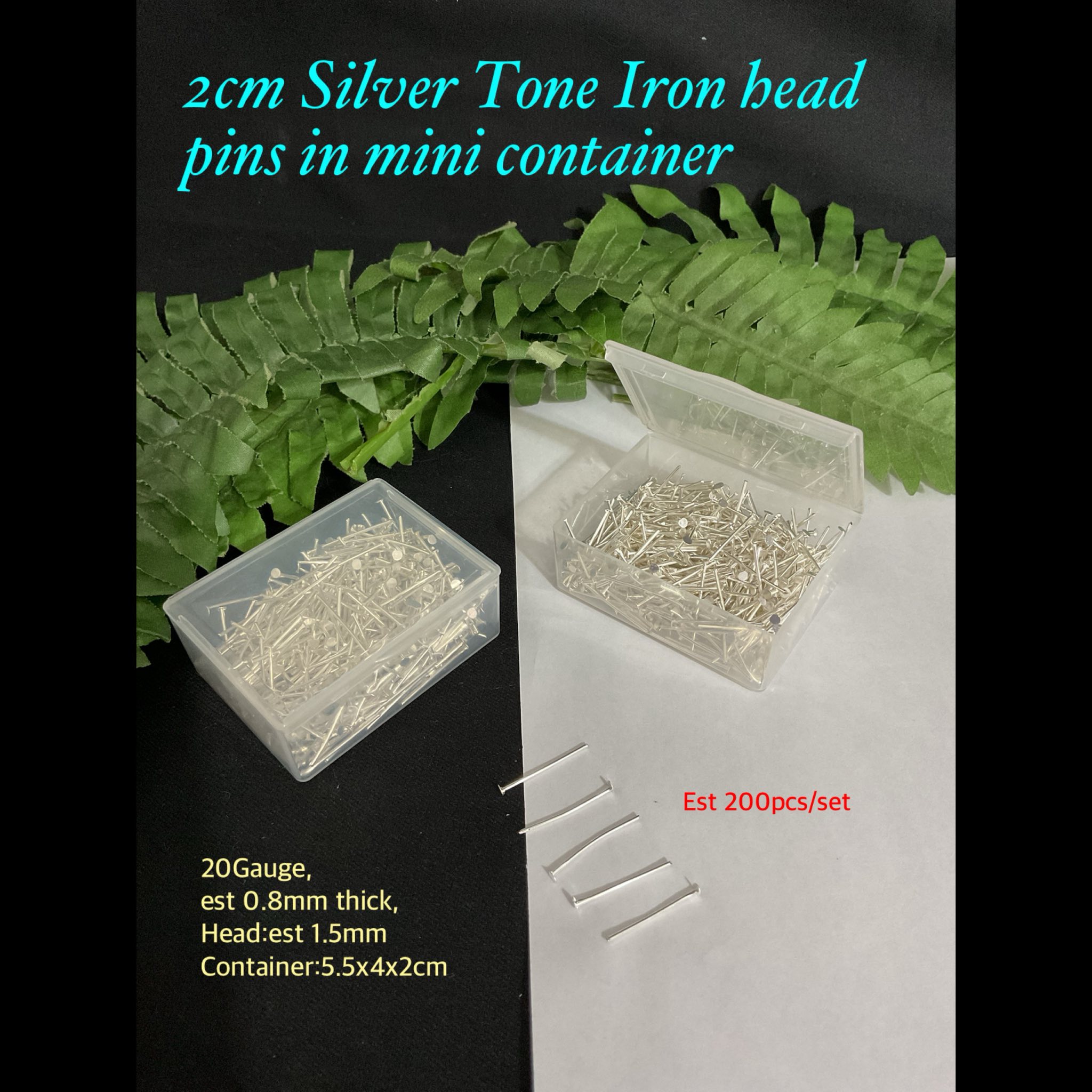 2cm Silver Tone Iron headpins in mini container (est 200pcs)
