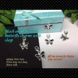 16mm Black enamel butterfly charms with Silver tone clasp (3pcs)
