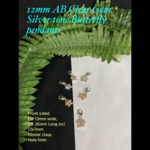 12mm AB Clear Gem Silver Tone Butterfly pendants