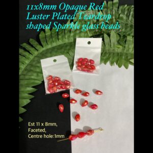 11x8mm Opaque Red Luster Plated Teardrop shaped Sparkle glass beads (12pcs)