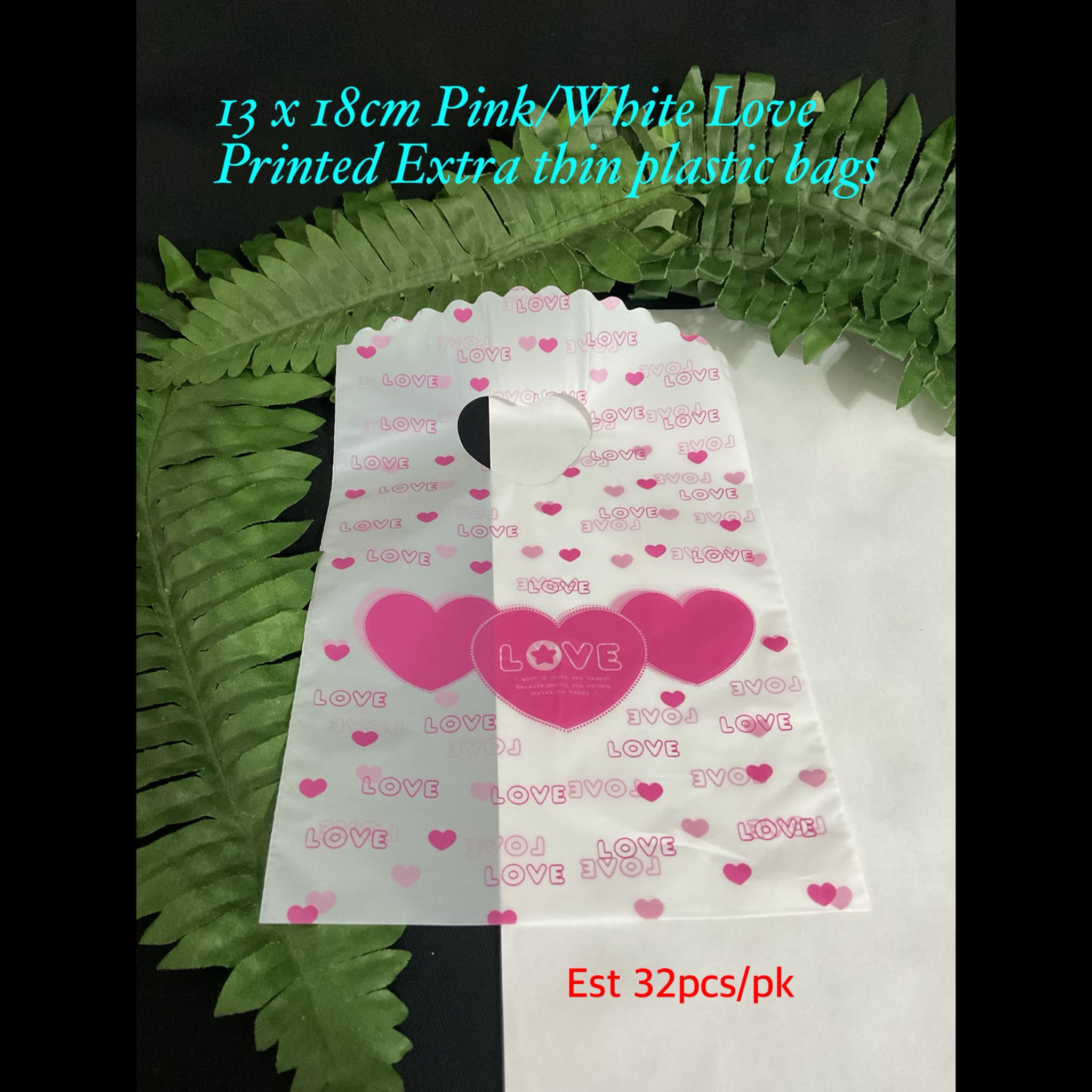 13x18cm Pink/White Love printed Extra Thin Printed Plastic bags (est 32pcs) 20% OFF!