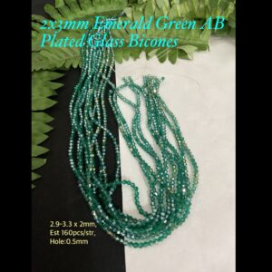 2x3mm Emerald Green AB Plated glass bicones (est 160pcs/str)