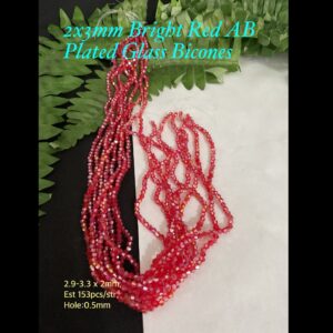2x3mm Bright Red AB Plated glass bicones (est 153pcs/str)