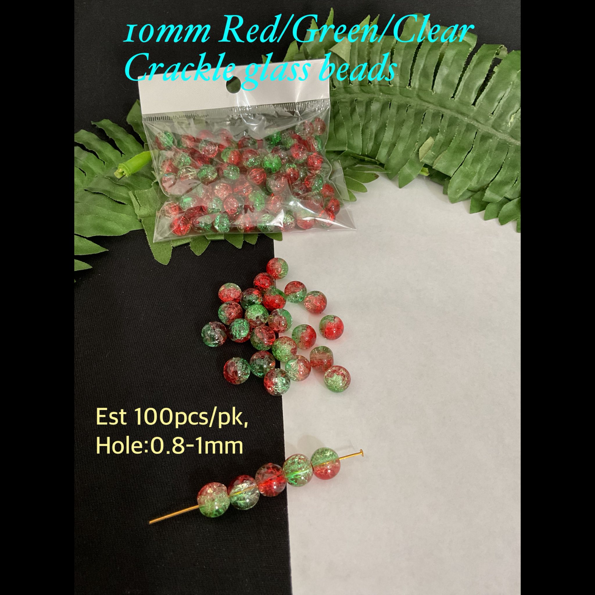 10mm Red/Green/Clear Crackle glass beads (est 100pcs)