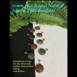 20mm Flat Round Natural Indian Agate Pendants (Green/brown) 10% off!