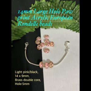 14mm Large Hole paw Print Acrylic European Rondelle beads (Light Pink/black)