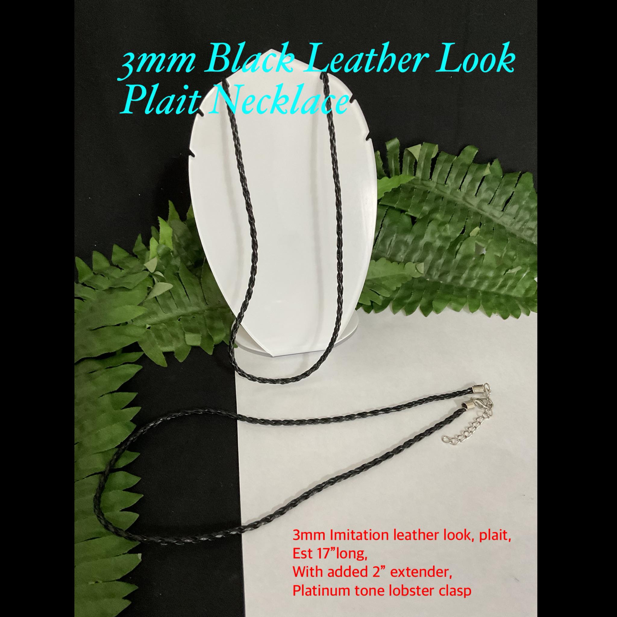 3mm Black Leather look plait necklace (est 17" long)