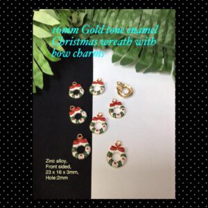 16mm Gold tone enamel Christmas wreath with bow charms (3pcs) 20% off!