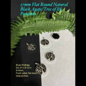 27mm Flat Round Natural Black Agate/Tree of Life Pendants 20% off!