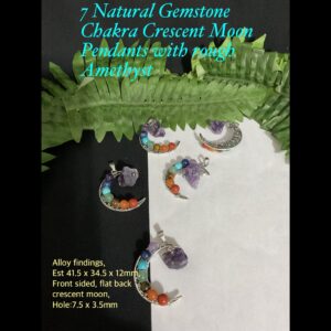 7 Natural Chakra Gemstone Crescent Moon Pendants with rough Amethyst 10% off!