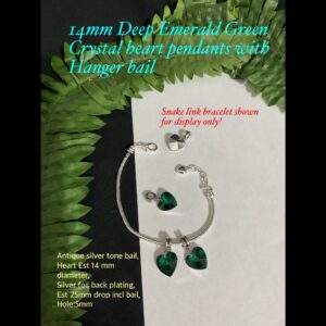 14mm Deep Emerald Green Crystal Heart pendants with Hanger bail 20% off!